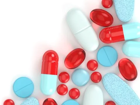 3d render of pills, tablets and capsules over white Illustrazione stock