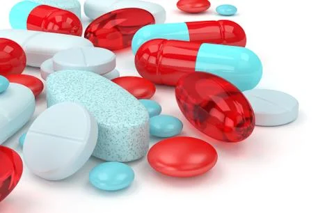 3d render of pills, tablets and capsules over white Stock Illustration