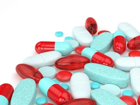 3d render of pills, tablets and capsules over white Stock Illustration