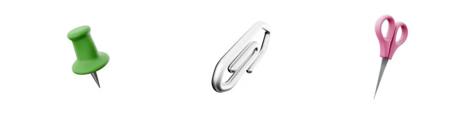 3d render pin, attach, scissors icon set on white background. 3d rendering pin Stock-Illustration