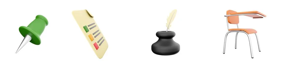3d render pin, document, ink, desk icon set on white background. 3d rendering Stock Illustration