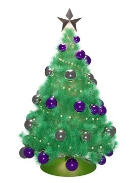 3D Render of pine tree with violet and silver balls Stock Illustration