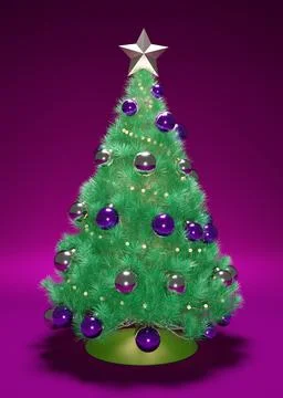 3D Render of pine tree with violet and silver balls Stock Illustration