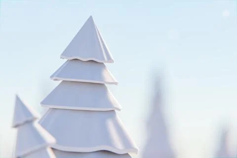 3d render. Pine trees covered with snow while snowflakes falling with copy sp Stock Illustration