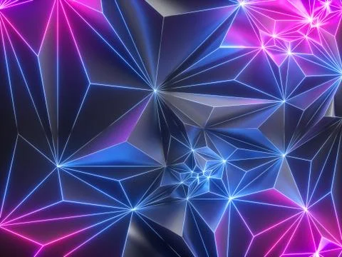 3d render, pink blue neon crystallized background, polygonal mesh Stock Illustration