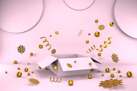 3D render of a pink box with Christmas tinsel. Explosion of confetti. Empty s Stock Illustration