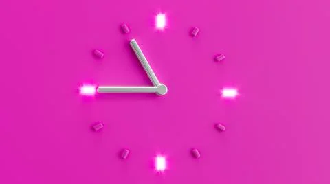 3d render of Pink Clock Time 15 minutes to 11 o'clock pm on isolated pink Stock Illustration