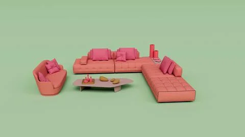 3d render of pink color sofa with cushion and coffee table isolated on Pastel Illustrazione stock