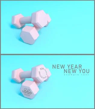3D render pink dumbbells on blue background. Illustrazione stock