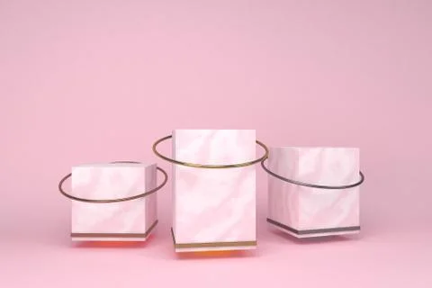 3D render of pink marble podium on pink background. Accents of gold, silver and Ilustración de archivo