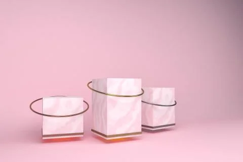 3D render of pink marble podium on pink background. Accents of gold, silver and Ilustración de archivo