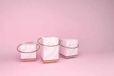 3D render of pink marble podium on pink background. Accents of gold, silver and Ilustración de archivo