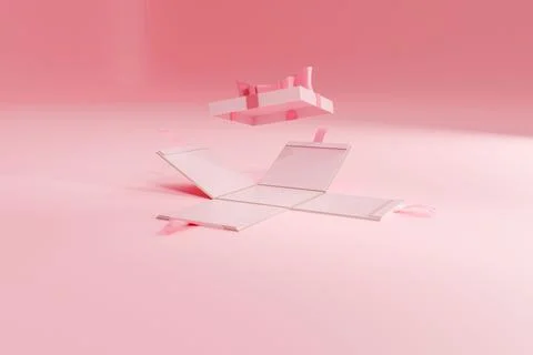 3d render of a pink opened gift box with bow ribbon hovering above. Product plac Illustrazione stock