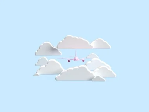 3d render. A pink plane flies through white clouds. Minimalistic style. Illustrazione stock