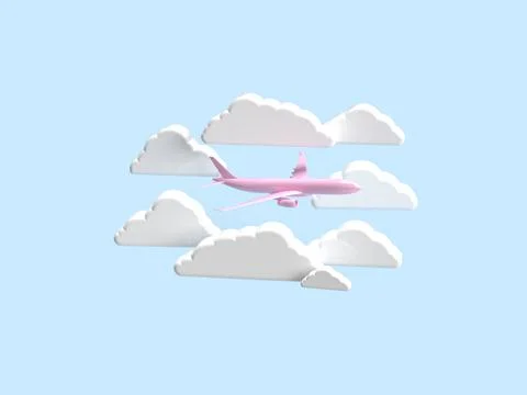 3d render. A pink plane flies surrounded by white clouds. Side view Cartoon  Stock Illustration