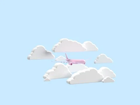 3d render. A pink plane flies surrounded by white clouds. Blue background. C Stock Illustration