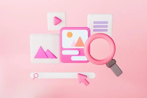 3D render of pink search bar and magnifying glass with webpages Stock Illustration