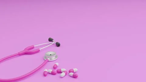 3D render of pink stethoscope and capsules Illustrazione stock