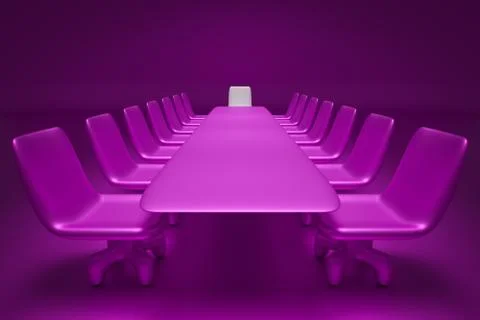 3D render  pink table for negotiations, headed by a white chair of the leader Stock Illustration