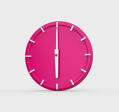 3D render of a pink wall clock showing the time 6 o'clock isolated on a white ba Illustrazione stock
