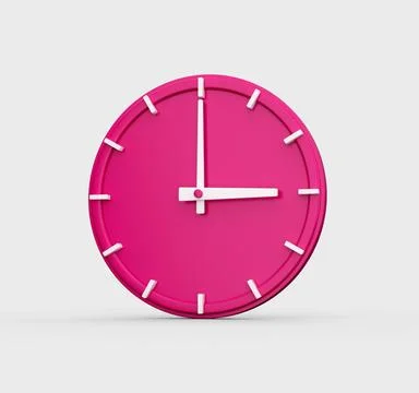 3D render of a pink wall clock showing the time 3 o'clock isolated on a white ba 스톡 일러스트