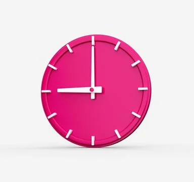 3D render of a pink wall clock showing the time 9 o'clock isolated on a white ba Illustrazione stock