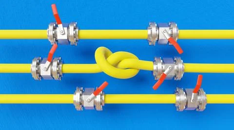 3D render of pipelines with valves, the middle one having a knot in it Иллюстрация
