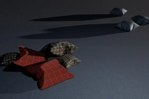 3d render of plaid pillows piled on blue grey carpet Foto stock