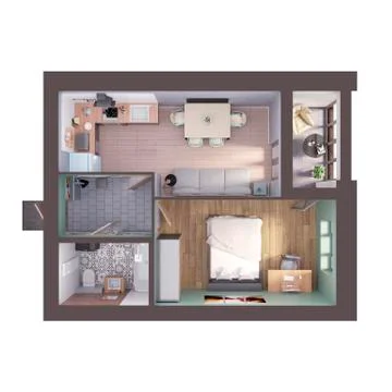 3d render plan and layout of a modern colorful one bedroom apartment, top view Stock Illustration
