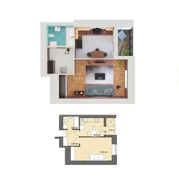 3d render plan and layout of a modern one bedroom apartment, top view Stock Illustration