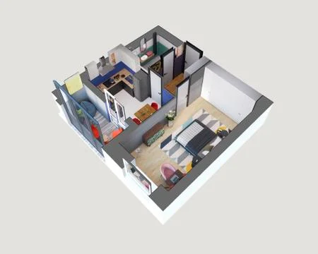 3d render plan and layout of a modern colorful one bedroom apartment, isometric Stock Illustration