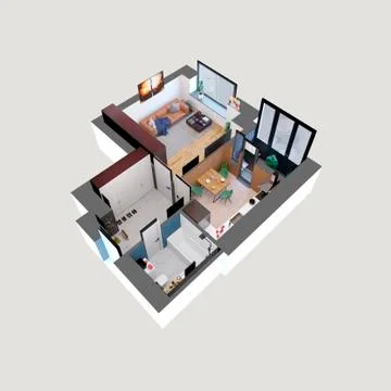 3d render plan and layout of a modern colorful one bedroom apartment, isometric Stock Illustration