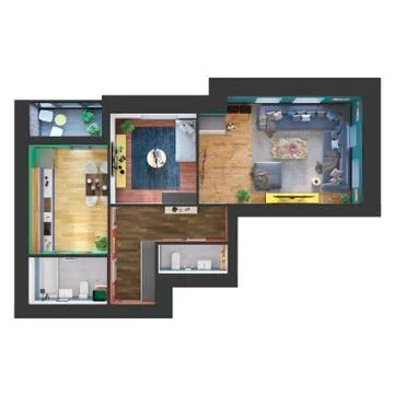 3d render plan of a modern colorful two bedroom apartment with a huge sofa, Stock Illustration