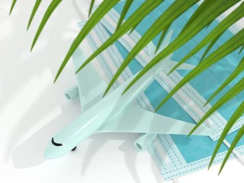 3d render of plane with palm leaf and a protective mask Stock Illustration