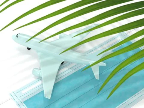 3d render of plane with palm leaf and a protective mask Stock Illustration
