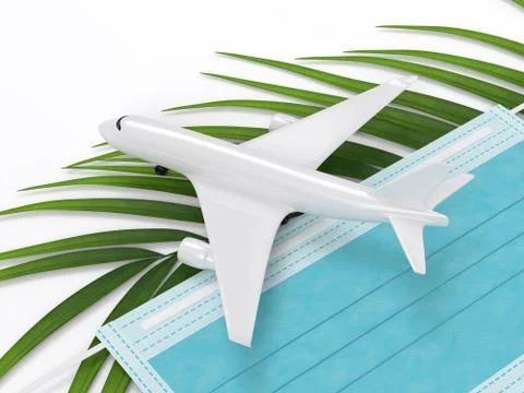 3d render of plane with palm leaf and a protective mask Stock Illustration