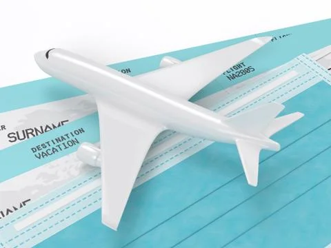 3d render of plane with tickets and a protective mask Illustrazione stock