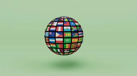 3d render Planet Earth globe with all country flag on light Green background Illustrazione stock