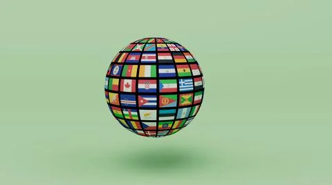 3d render Planet Earth globe with all country flag on light Green background Stock Illustration