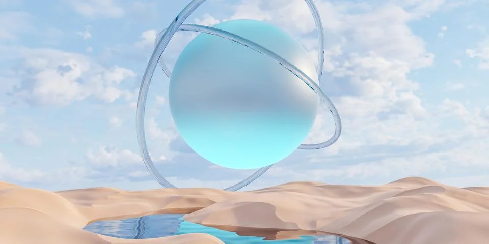 3D render planet over wavy sunny ground. Stock Illustration