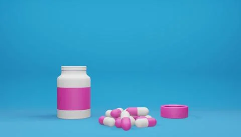 3D render of a plastic bottle with antiviral drugs in capsules. Stock Illustration