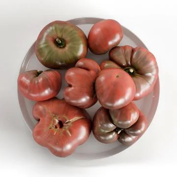 3D render of a plate with unique tomatoes isolated on a white background Stock Illustration