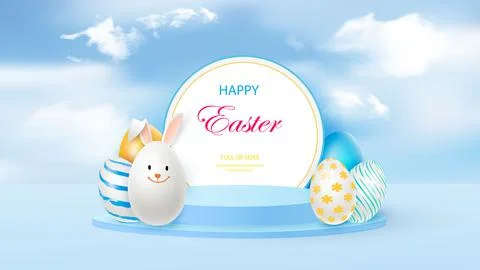 3D render of a podium box with Easter eggs and an Easter bunny in the shape of Stock Illustration