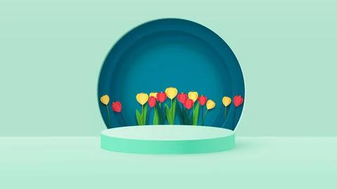3d render of a podium box with spring flowers. Bright tulips, podium or pedestal Stock Illustration