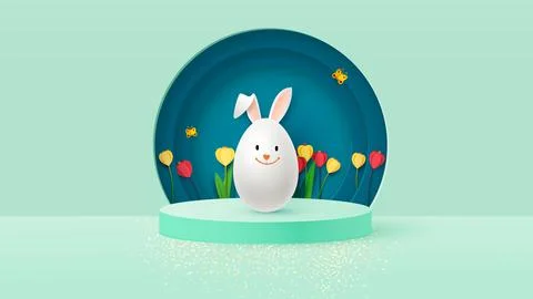 3d render of a podium box with spring flowers and an Easter bunny in the form of Stock Illustration