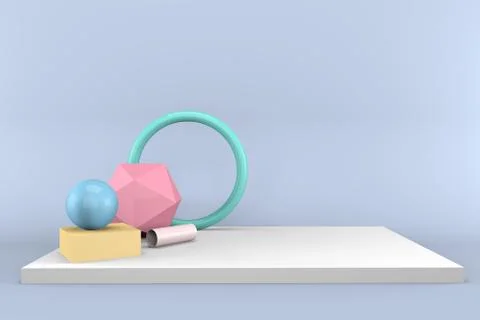 3d render podium with colored abstract geometric shapes on a blue background Fotos de archivo