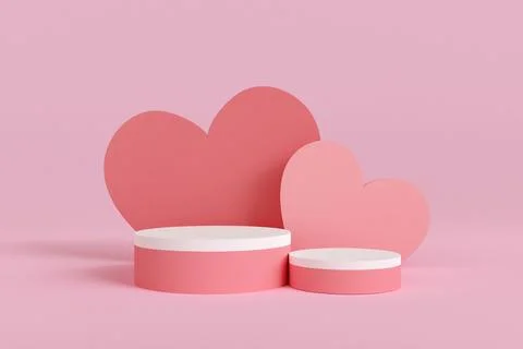 3d render podium display valentine's day with heart shape on pink backgroun.. Ilustración de archivo