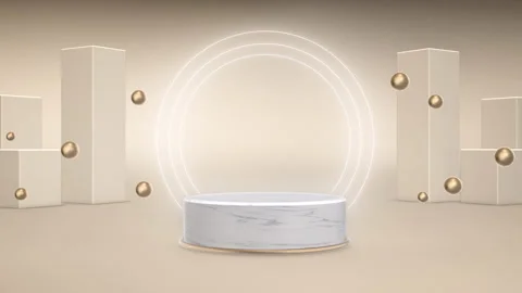 3d render Podium made of marble with a gold frame and neon rings, against a Stock Footage 149311870