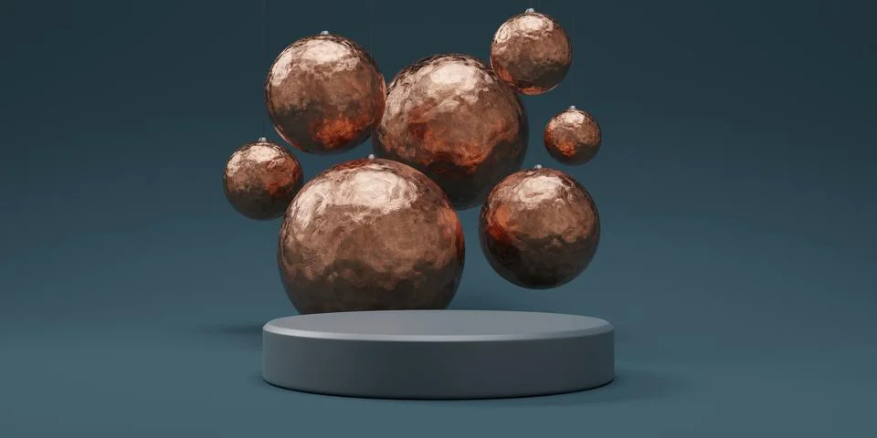 3d render podium platform grey background and shiny golden balls Stock-Illustration