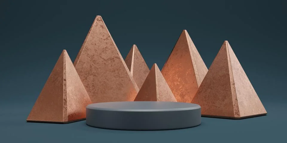 3d render podium platform grey background golden pyramids Stock-Illustration